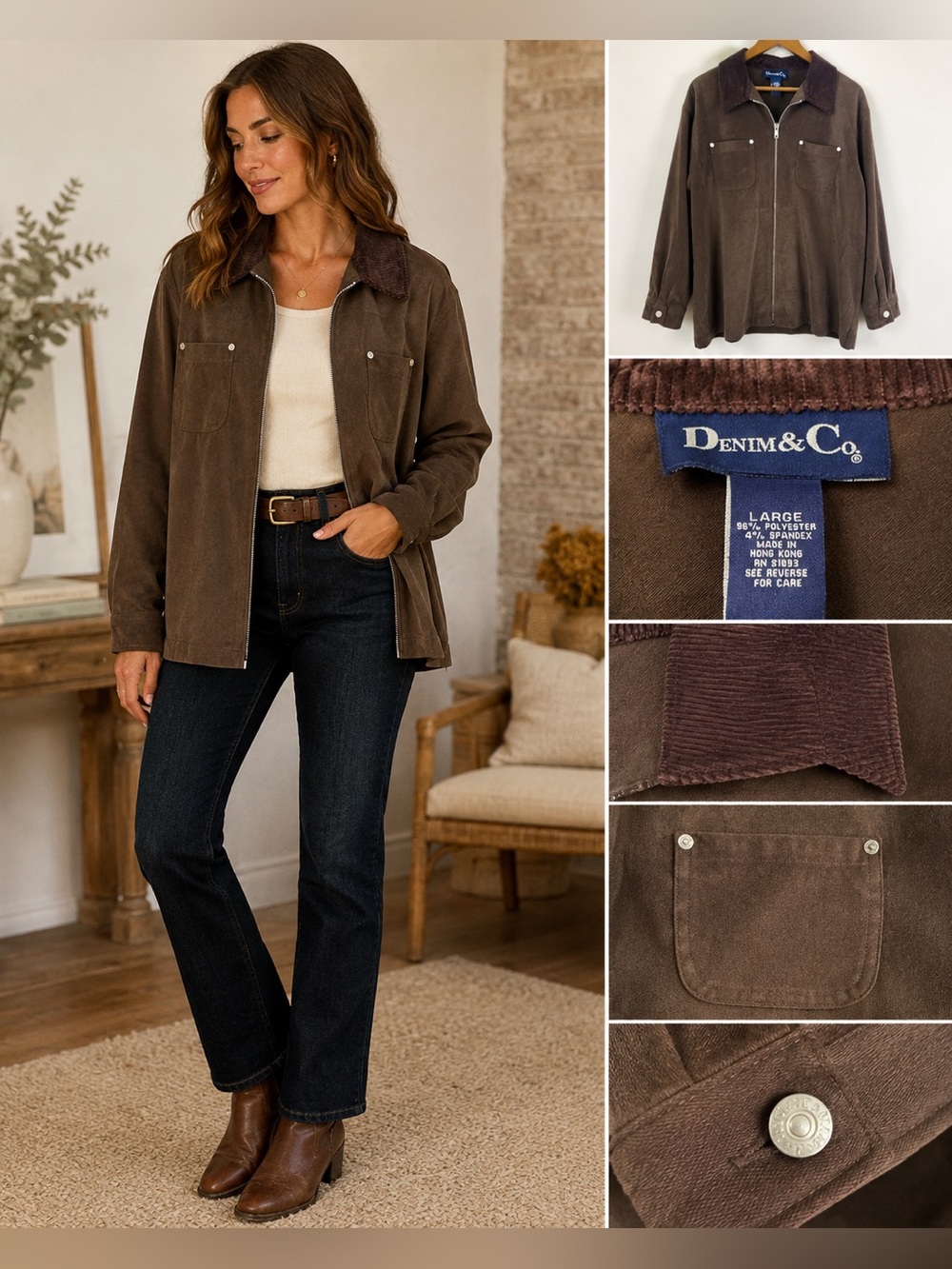 Denim & Co Brown Corduroy Collar Shirt Jacket L